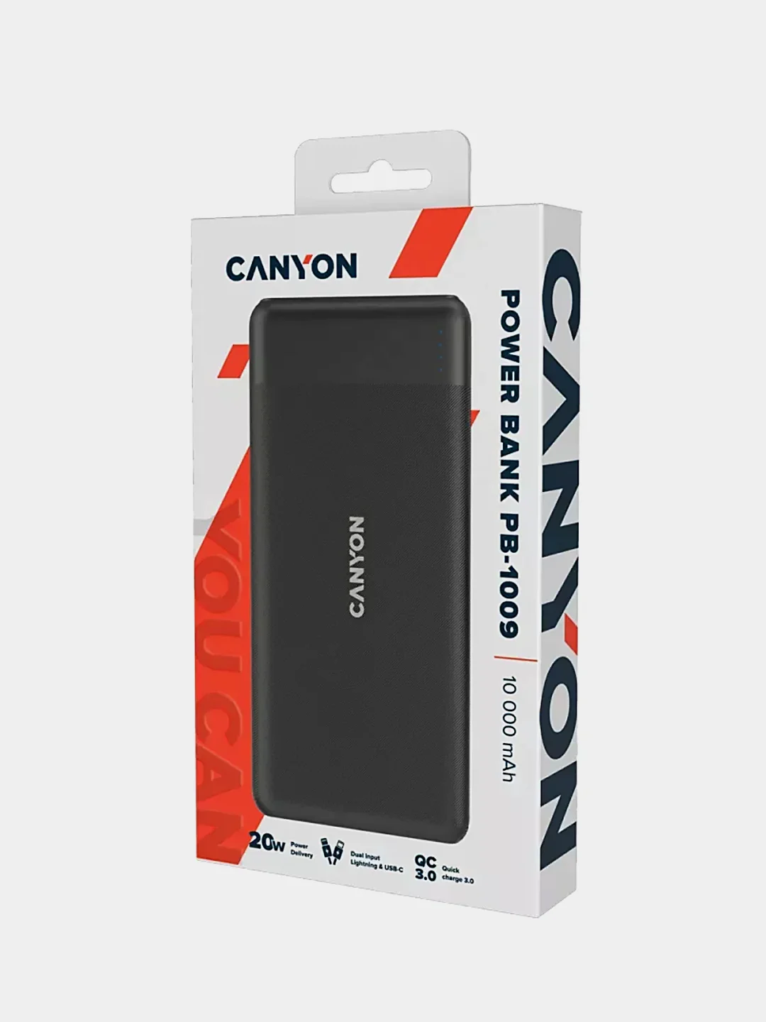 Черный компактный внешний аккумулятор Canyon PB-109, QuickCharge 3.0 + PD 18W, 10000 мАч