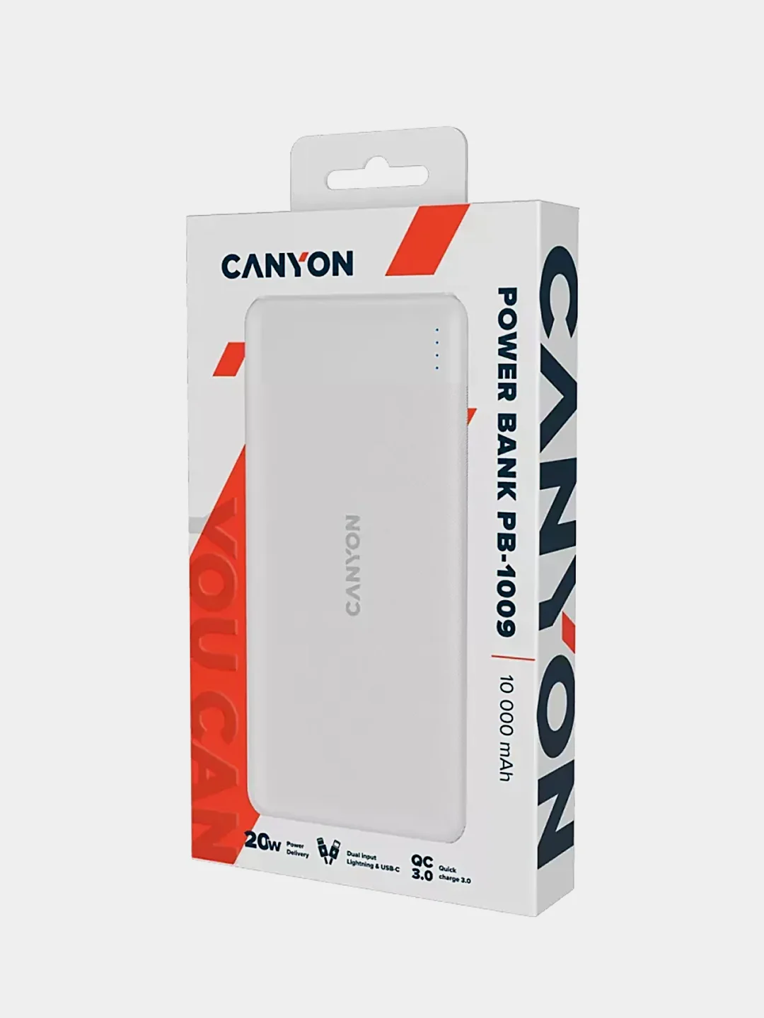 Белый компактный внешний аккумулятор Canyon PB-109, QuickCharge 3.0 + PD 18W, 10000 мАч