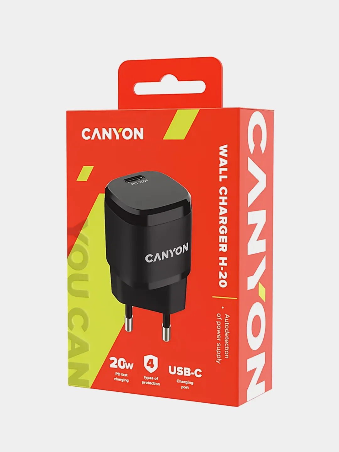 Черный сетевое зарядное устройство Canyon H-20, 1xUSB-C / PD / 20W