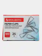 Скрепки BRAUBERG, 25 мм, никелированные, треугольные, 100 шт., в картонной коробке, 270440