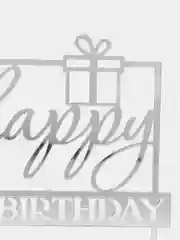 Серебряный топпер #Т34 с надписью "Happy Birthday" из зеркального акрила в квадратной рамке для торта