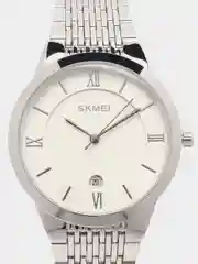 Серебряный мужские наручные часы Skmei Q0234 с металлическим браслетом и календарем