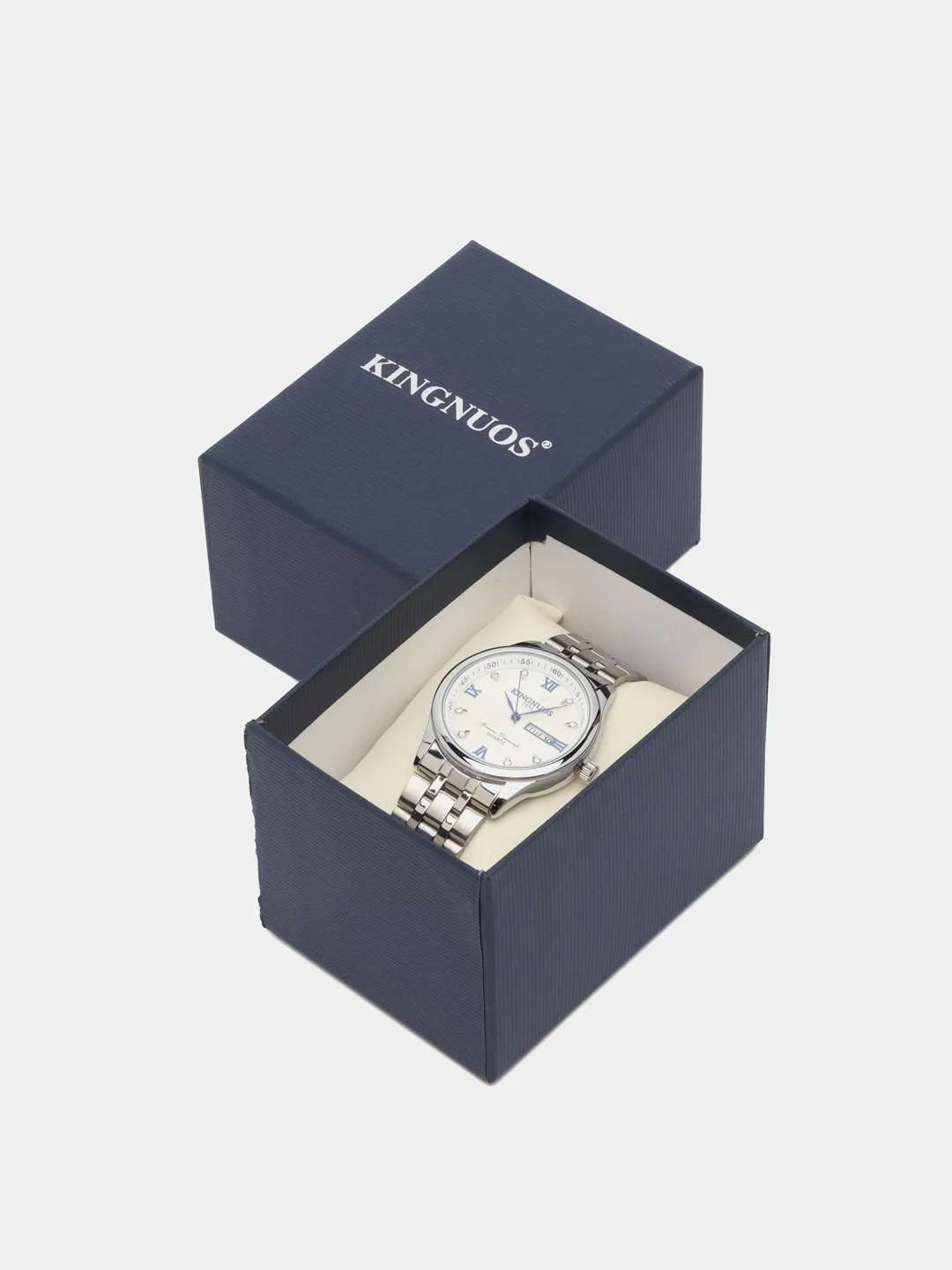 Серебряный мужские наручные часы KINGNUOS K-1856 с календарем, в подарочной упаковке
