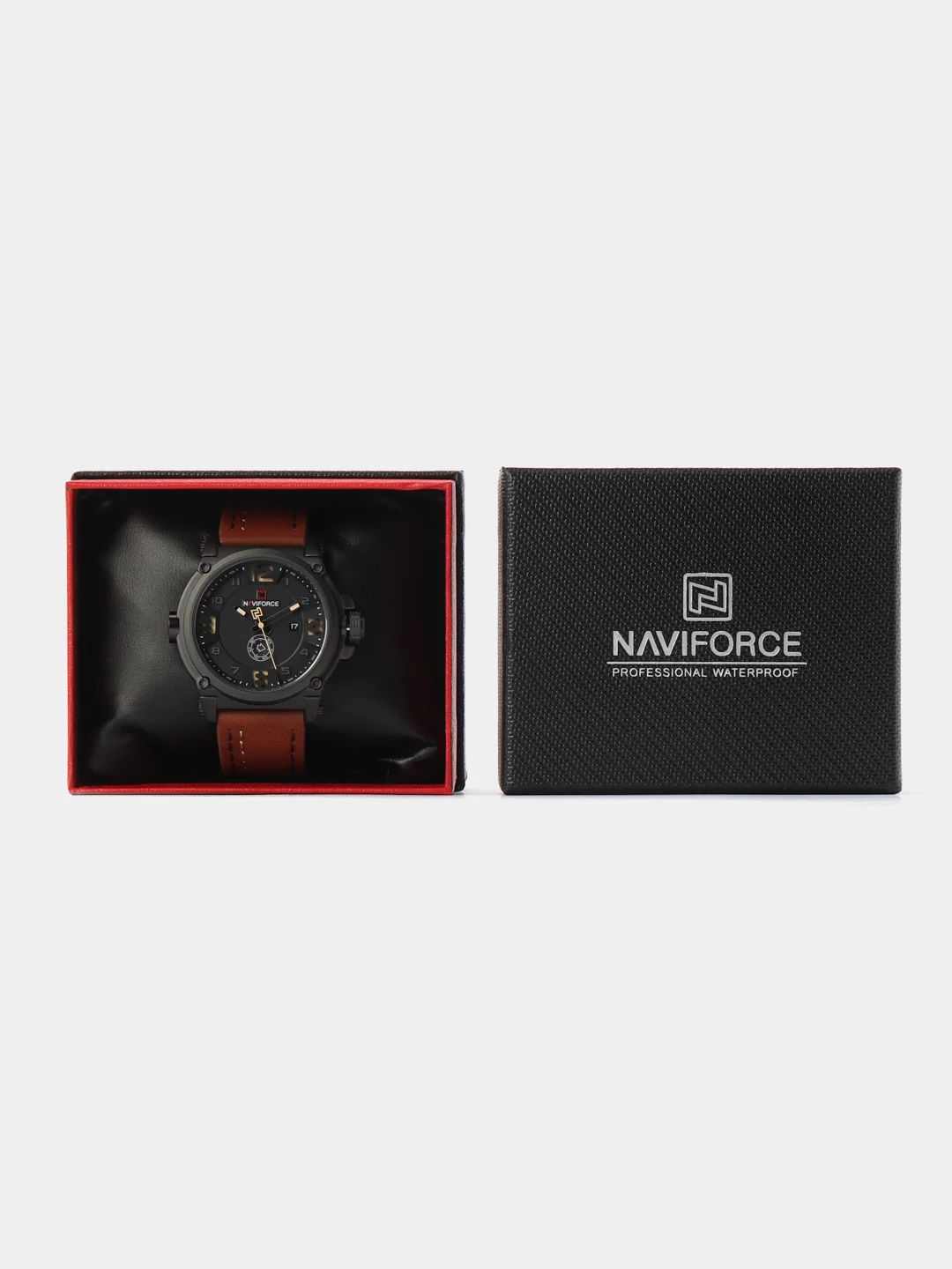 Коричневый мужские наручные часы Naviforce NF9099 с календарём, в подарочной упаковке