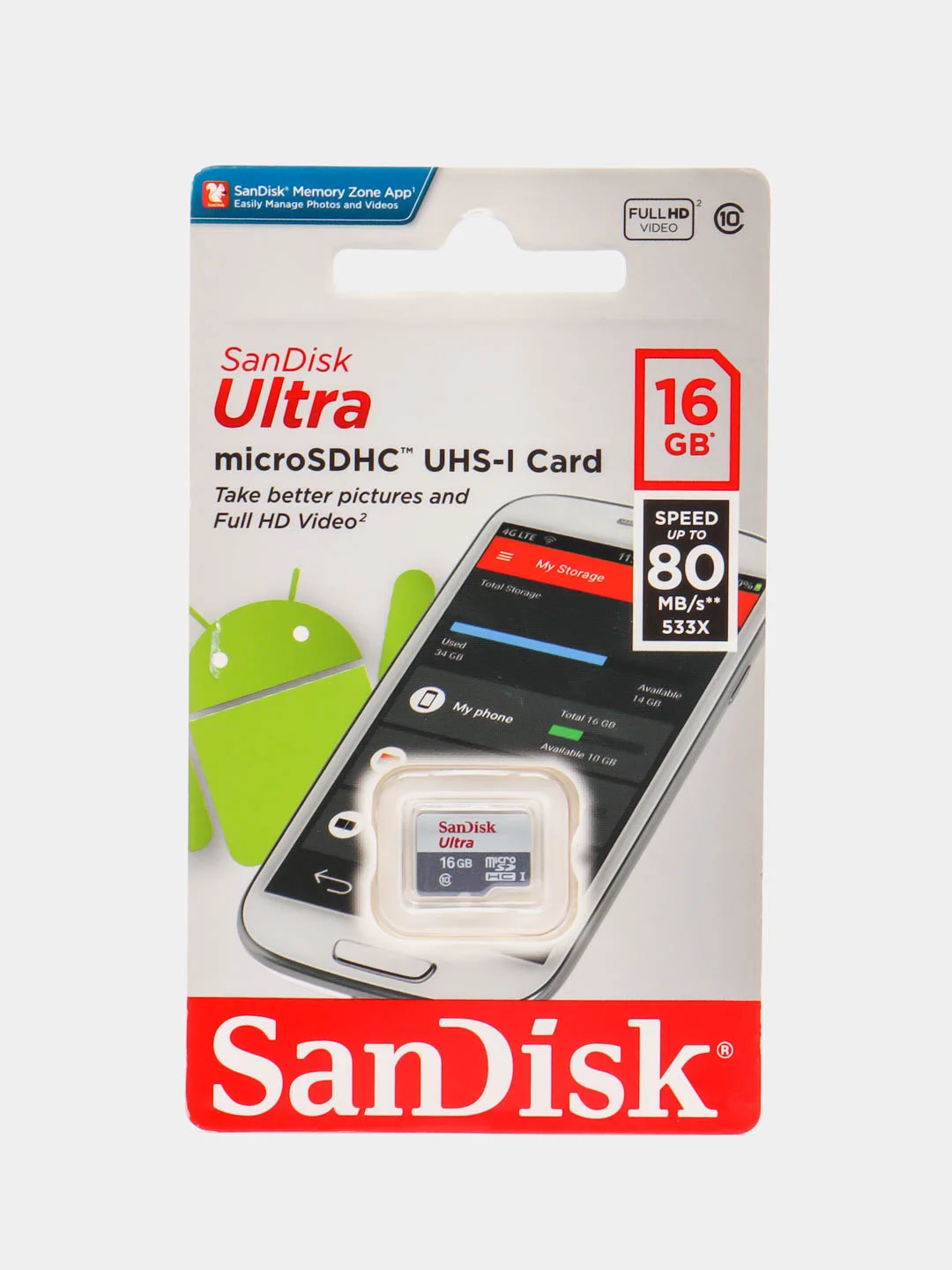 Карта памяти MicroSD 16GB SanDisk Class10 Ultra UHS-I 80Mb/s