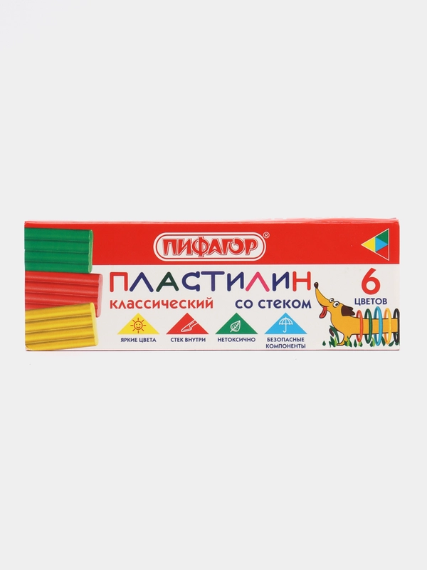 Пластилин классический для лепки для школы и сада Пифагор, 6 цветов, Со Стеком, 106674