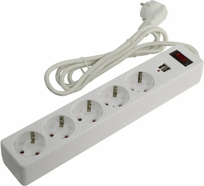 Сетевой фильтр Smartbuy SBSP-18U-W, 5 розеток, 2 USB, 1,8 м