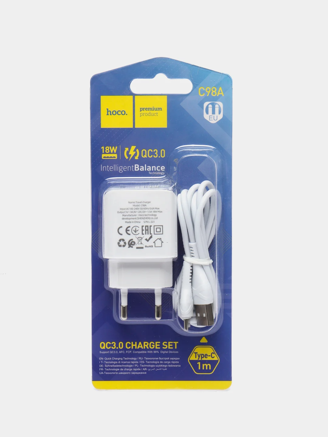 Сетевое зарядное устройство HOCO C98A, адаптер QC3.0, кабель Type C, цвет белый