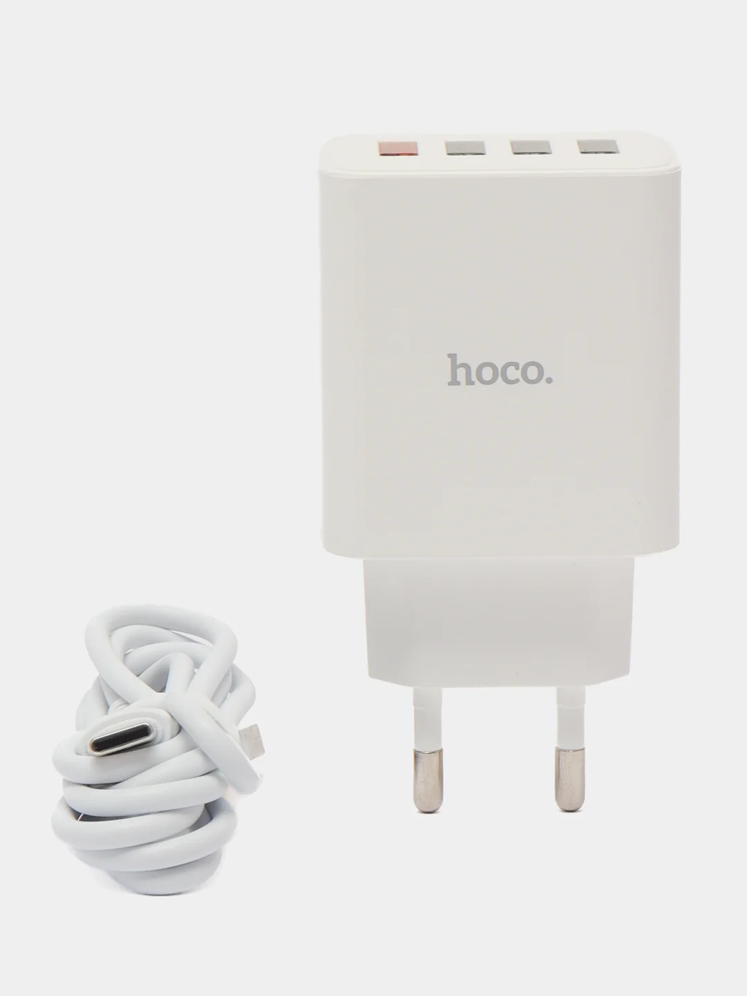 Белый зарядное устройство Hoco C102A 4USB с кабелем Type-C 1м, блок с быстрым зарядом QC3.0