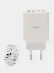 Белый зарядное устройство Hoco C102A 4USB с кабелем Type-C 1м, блок с быстрым зарядом QC3.0