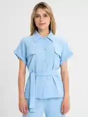 Голубой классический женский костюм, брюки и рубашка