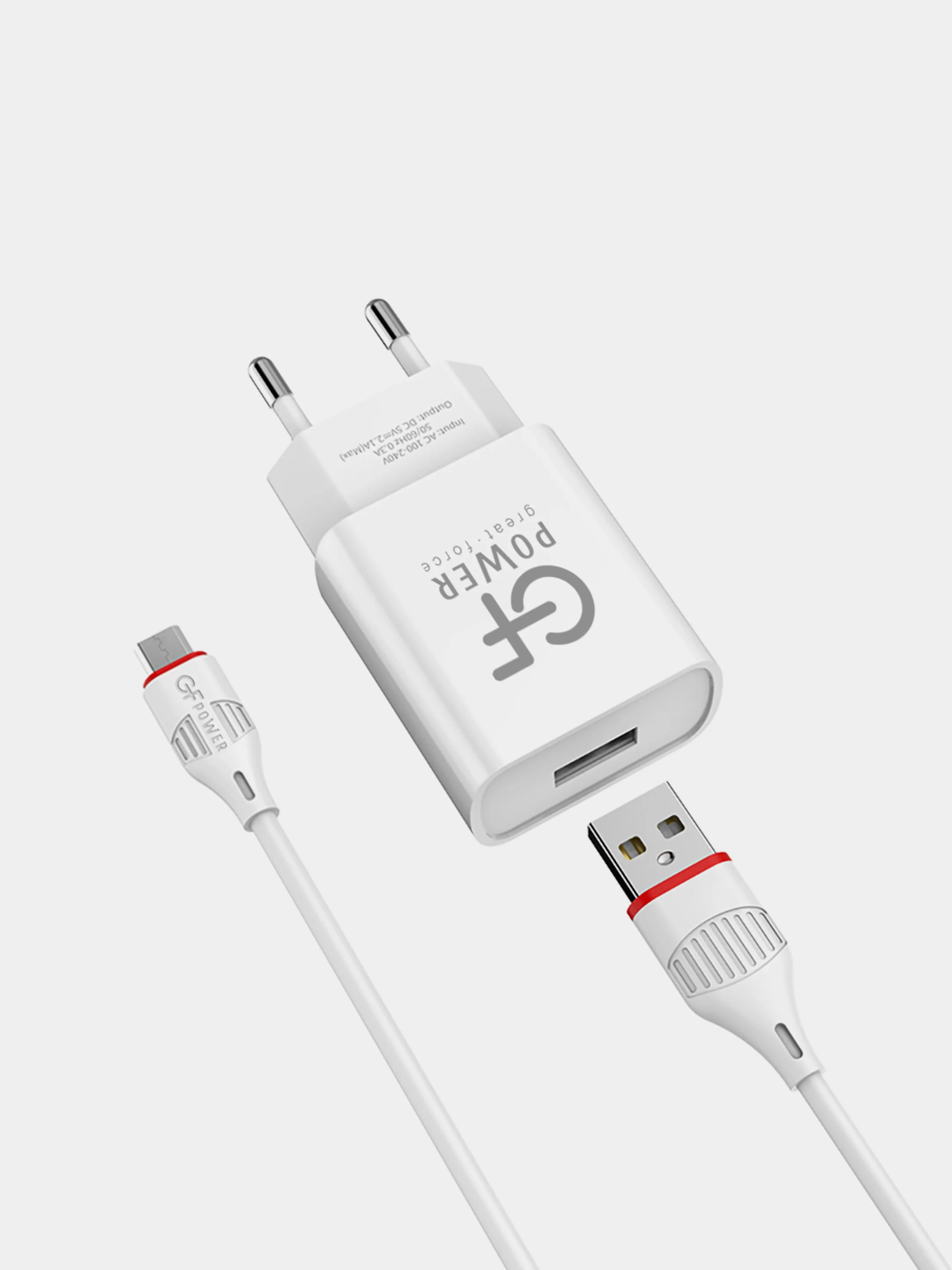 Сетевое зарядное устройство GFPower GF20M, USB, 5 В, 2.1 А, с кабелем Micro-USB