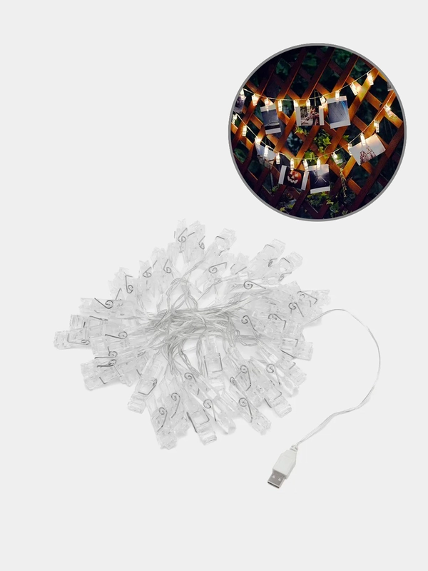 Светодиодная гирлянда с прищепками для фотографий, на USB и батарейках