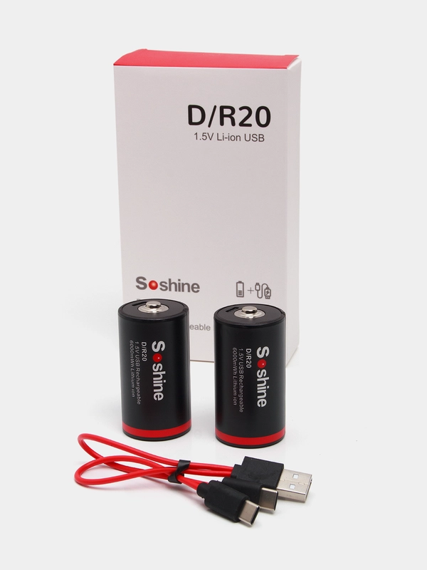 Батарейки аккумуляторные D R20 Soshine 1,5V, 6000 mWh/4000 mAh, со встроенным Type-C, ЗУ