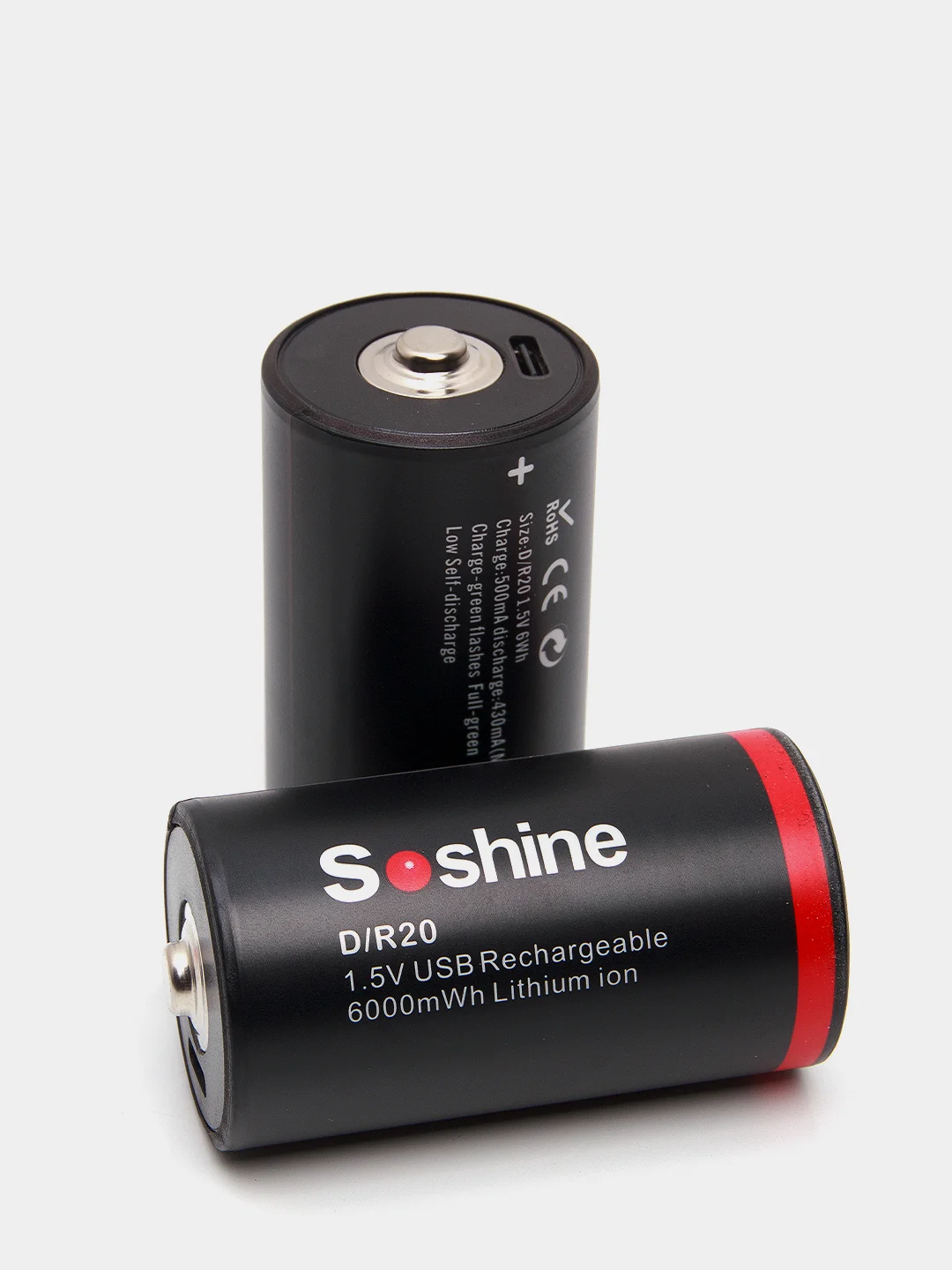 Черный батарейки аккумуляторные D R20 Soshine 1,5V, 6000 mWh/4000 mAh, со встроенным Type-C, ЗУ
