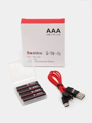 Батарейки аккумуляторные ААA Soshine 1,5V 600 mWh / 400 mAh со встроенным Type-C ЗУ