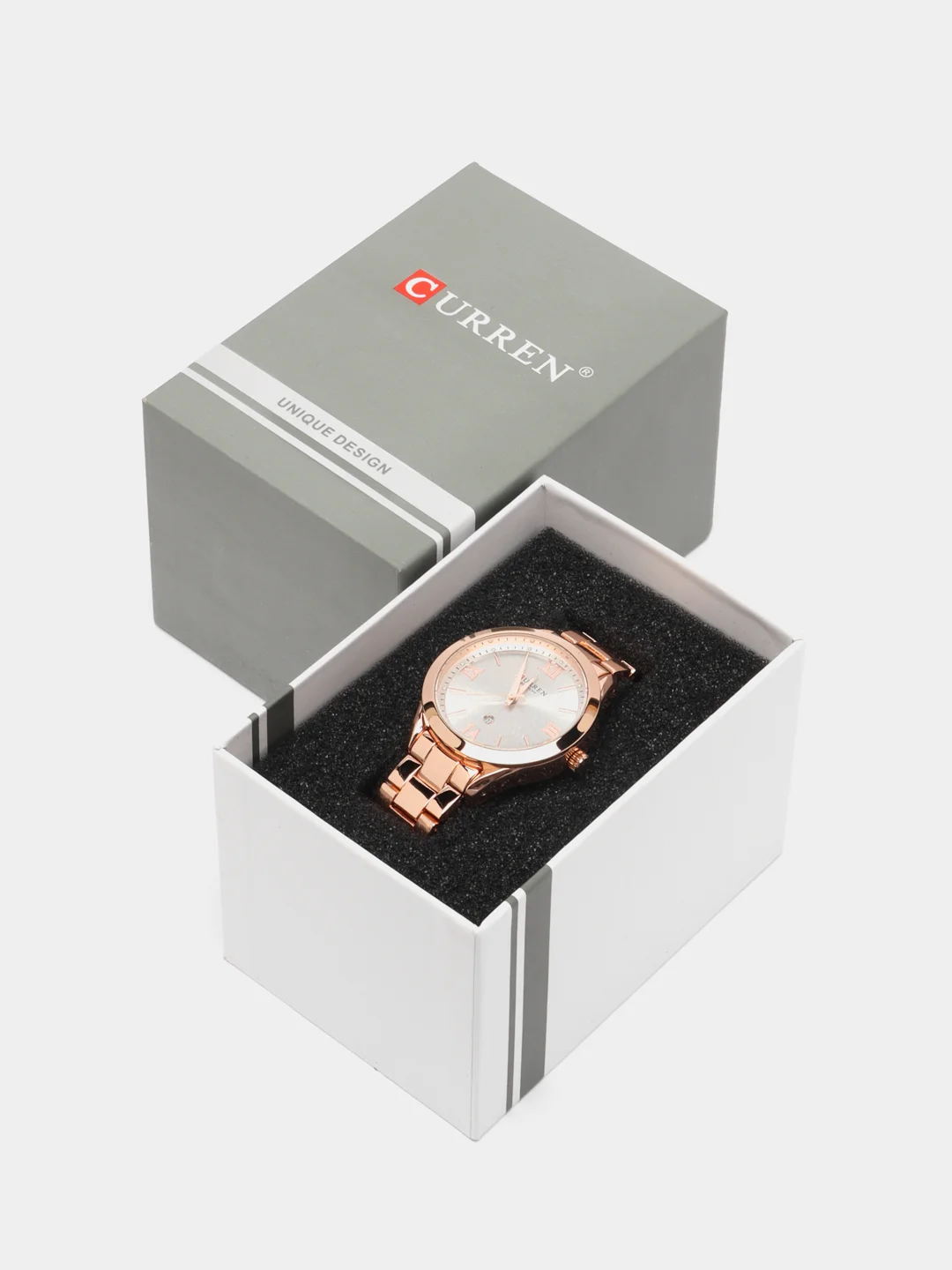 Серый металлик женские наручные часы Curren 9007 с календарём в подарочной упаковке
