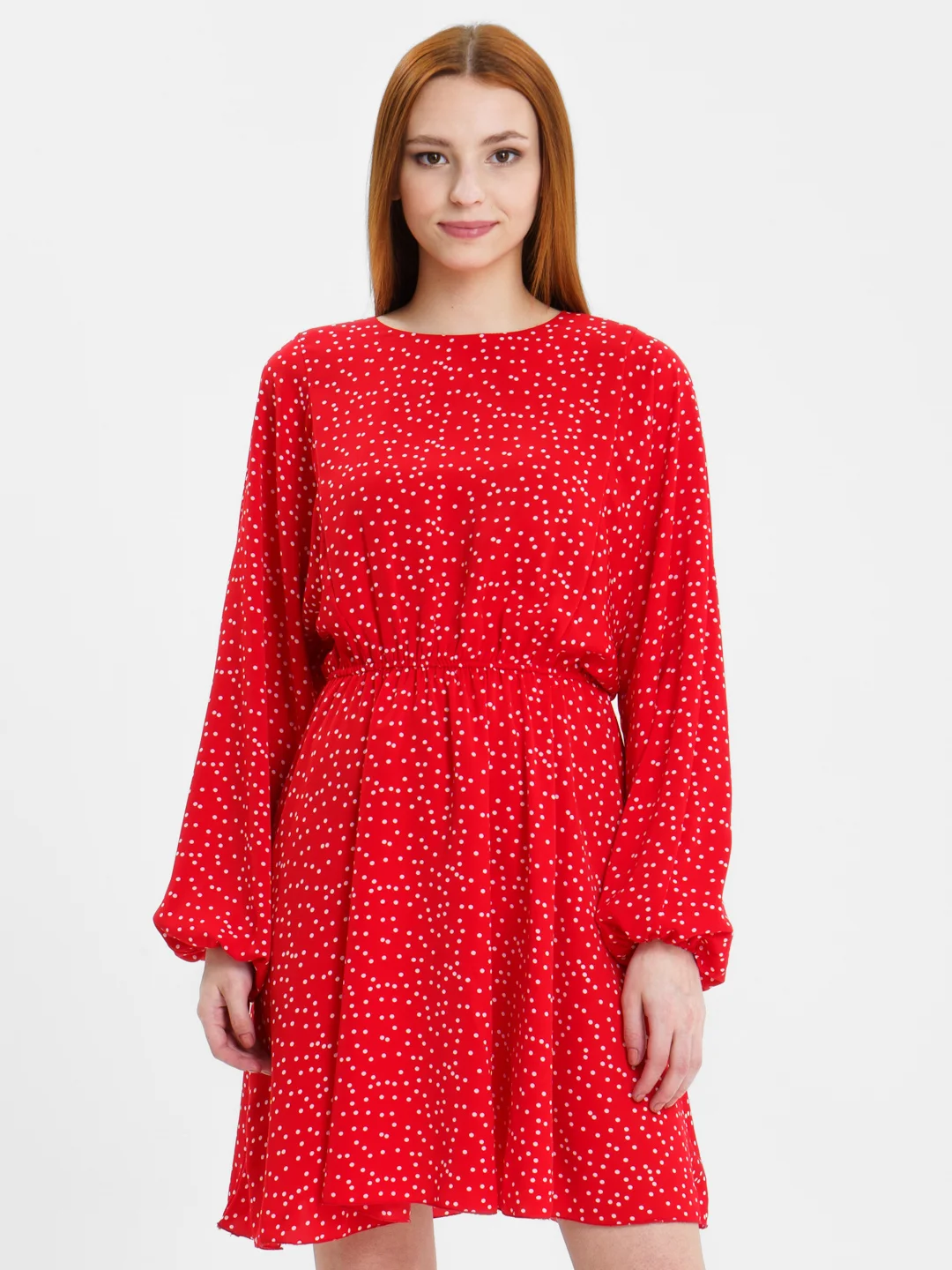 Платье в горошек оверсайз polka dot женское мини с объемными рукавами и юбкой полусолнце