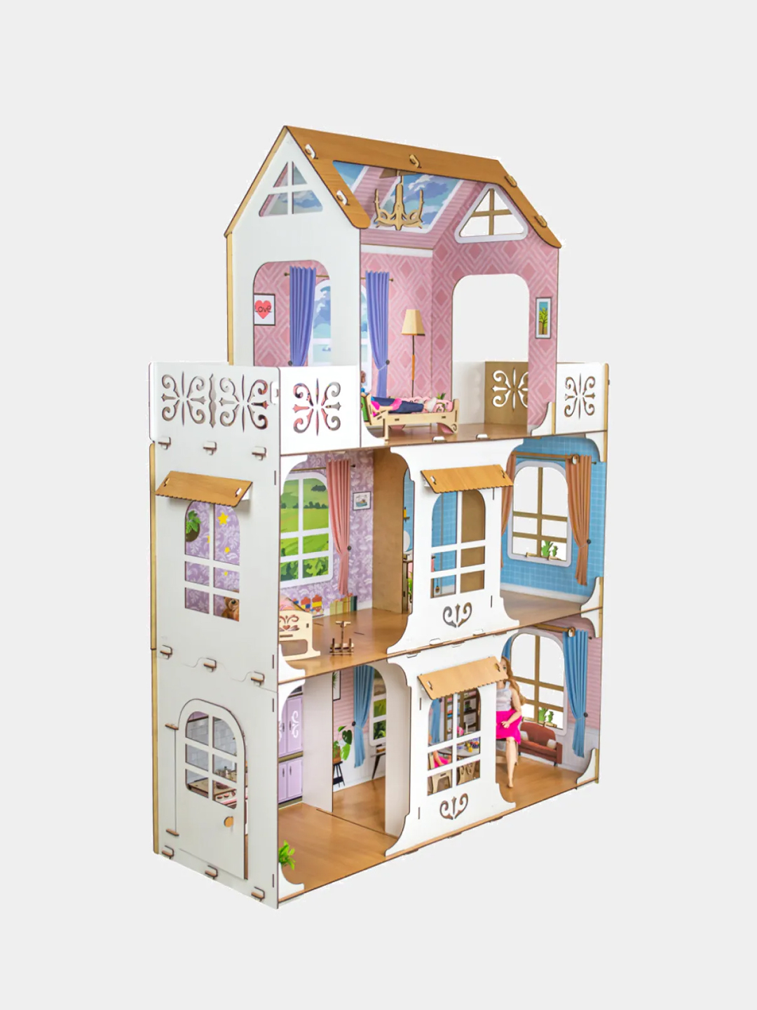 Деревянный кукольный домик с мебелью и обоями для кукол Барби купить поцене 3499 ₽ в интернет-магазине KazanExpress