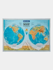 Карта мира физическая Полушария 101х69 см, 1:37М, интерактивная, Brauberg, 112375