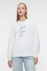 Белый свитшот oversize хлопковый из футера с принтом-вышивкой женский Befree