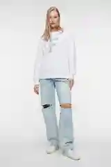 Белый свитшот oversize хлопковый из футера с принтом-вышивкой женский Befree