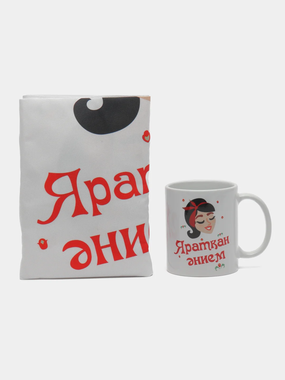 Красный подарочный набор маме на татарском языке (фартук + кружка)