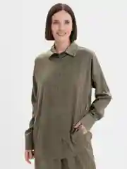 Оливковый костюм женский, шелковый, пижамного стиля
