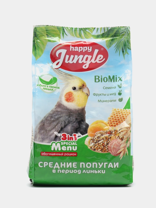 Happy Jungle Экопром, корм для средних попугаев в период линьки 3 в 1 BioMix, 500 г