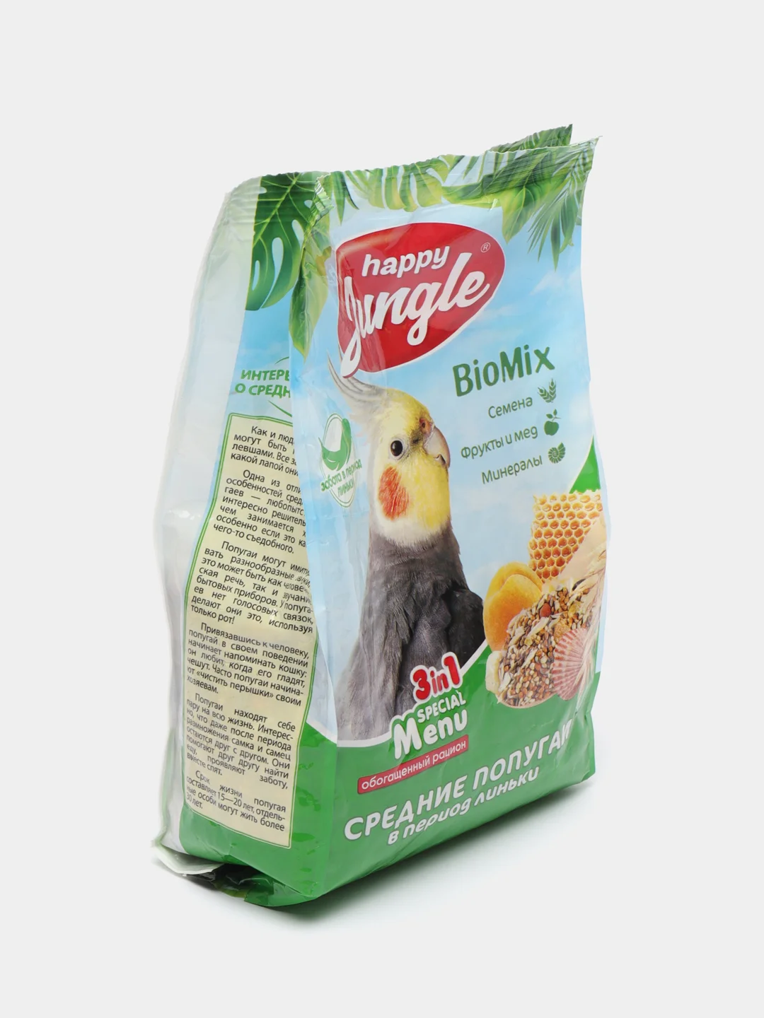 Happy Jungle Экопром, корм для средних попугаев в период линьки 3 в 1 BioMix, 500 г