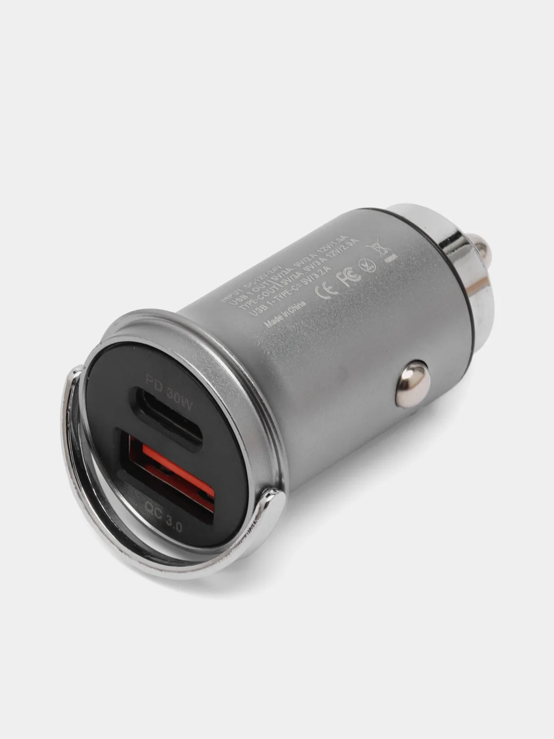Серый автомобильное зарядное устройство USB, Type-C, 3.1 А, в прикуриватель, быстрая зарядка
