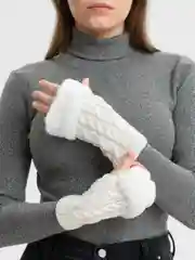 Белый рукава вязанные с мехом / Теплые зимние рукава - митенки / Варежки с открытыми пальцами
