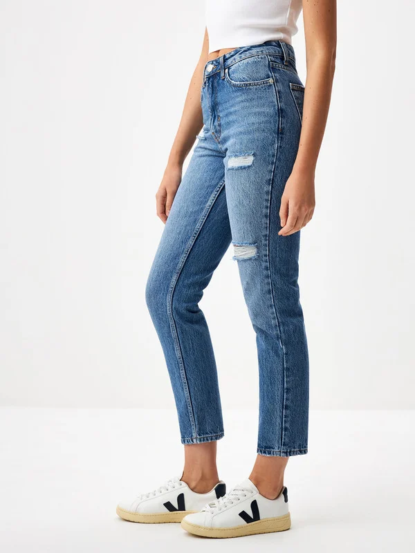 Индиго джинсы женские Sela MOM FIT, с разрезами