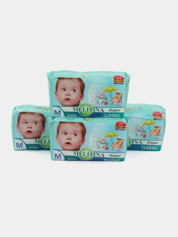 Подгузники Melitina для детей Classic размер M, 6-11 кг, 176 шт, 50-8403, памперсы детские