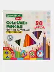 Карандаши цветные для рисования мягкие Brauberg Kids, 50 цветов, трехгранный корпус 181946