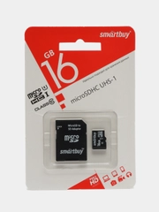 Карта памяти microSDHC, 16 Gb, Smartbuy, 10 Мб/сек, class 10, с адаптером