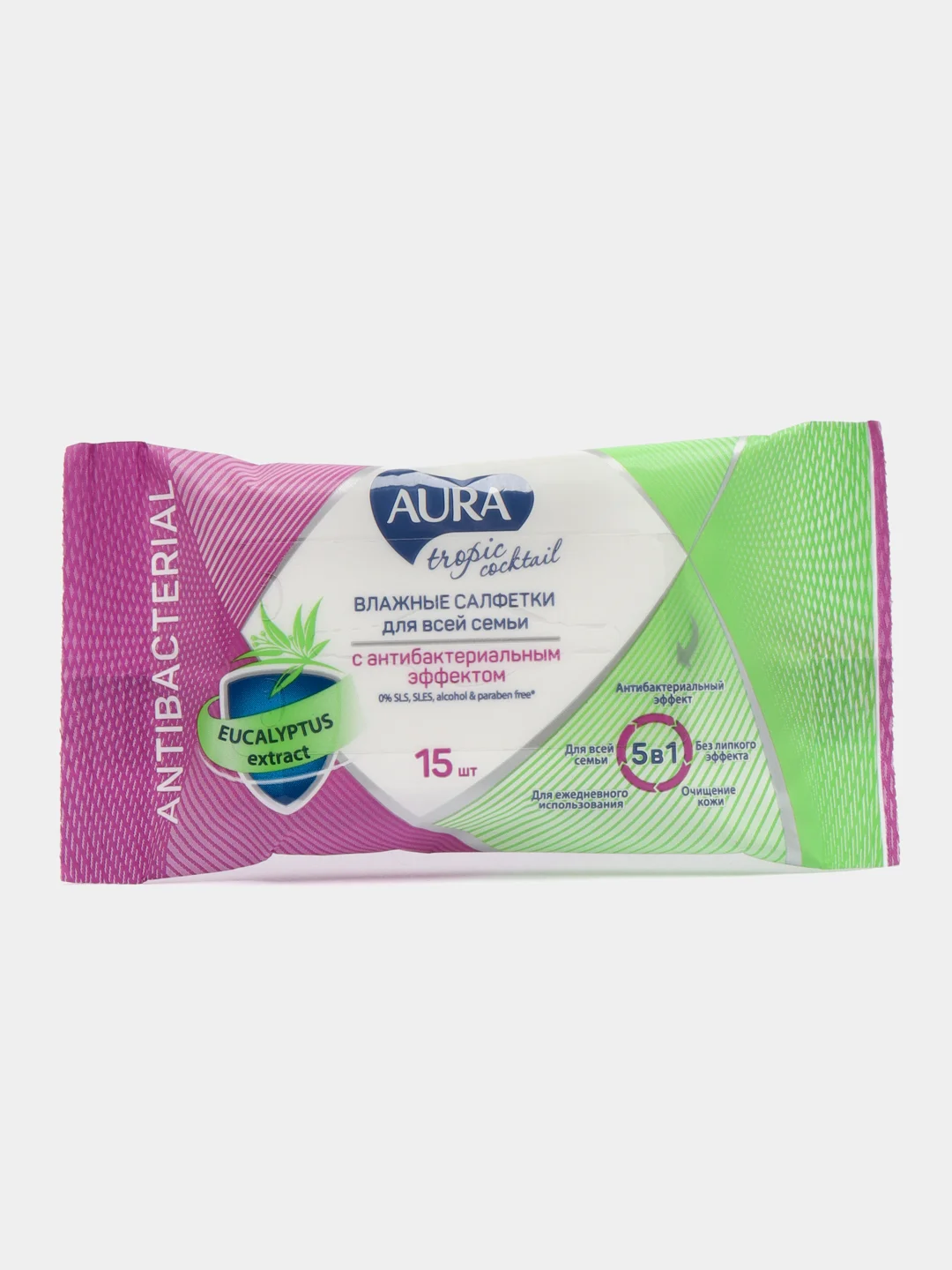 Зеленый влажные салфетки Aura, детские 0+, семейные, 15 штук
