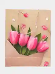Кораллово-розовый пакет бумажный, 32*26*10 см, цветы