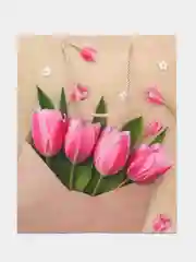 Кораллово-розовый пакет бумажный, 32*26*10 см, цветы