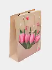 Кораллово-розовый пакет бумажный, 32*26*10 см, цветы