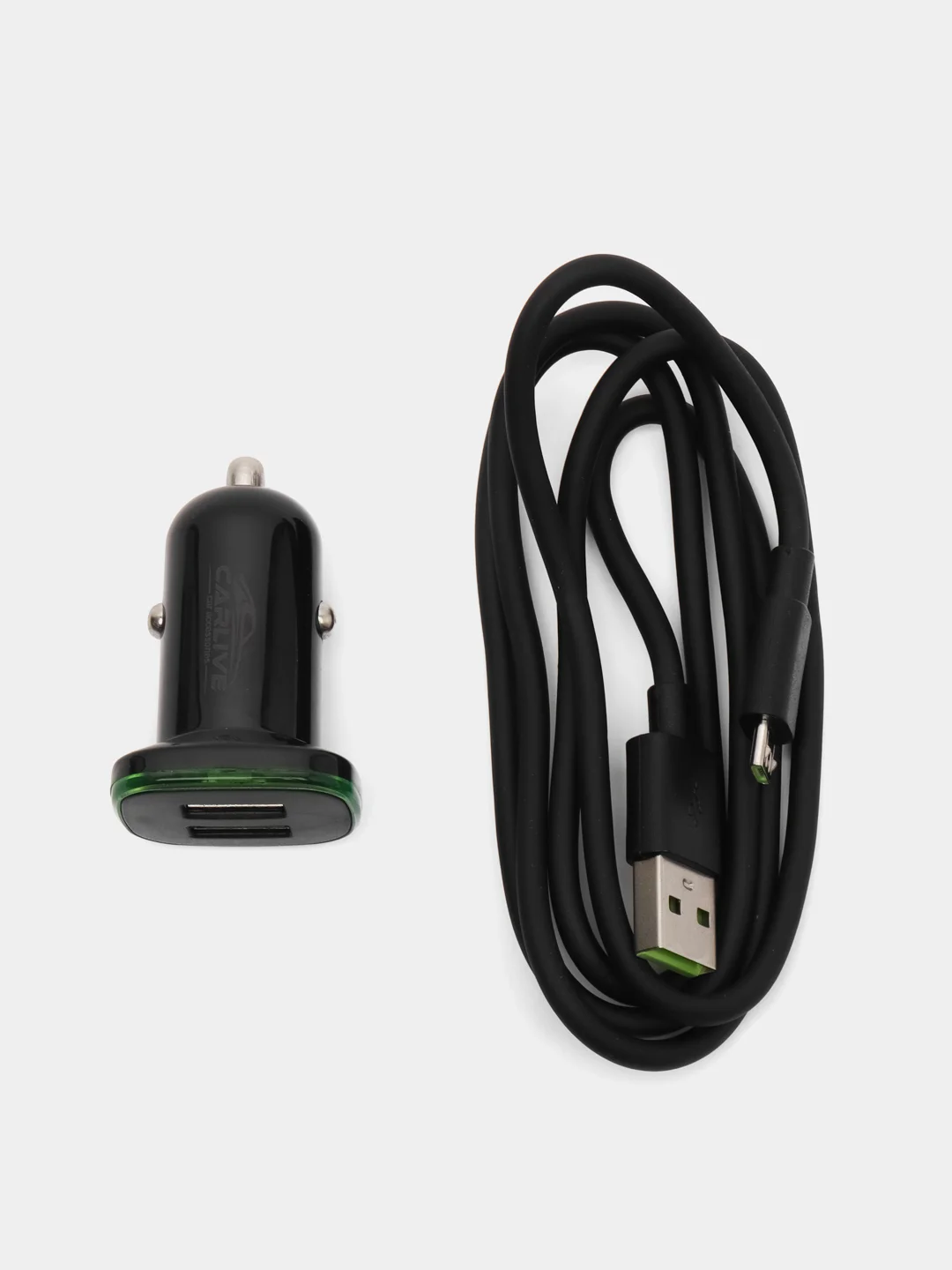 Черный азу с кабелем Micro USB, 2.4А, 2USB, автомобильное зарядное устройство