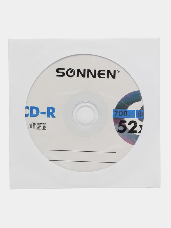 Диски CD-R (сд) для записи фото, музыки Sonnen, 700 Mb, 52x, бумажный конверт, 512573