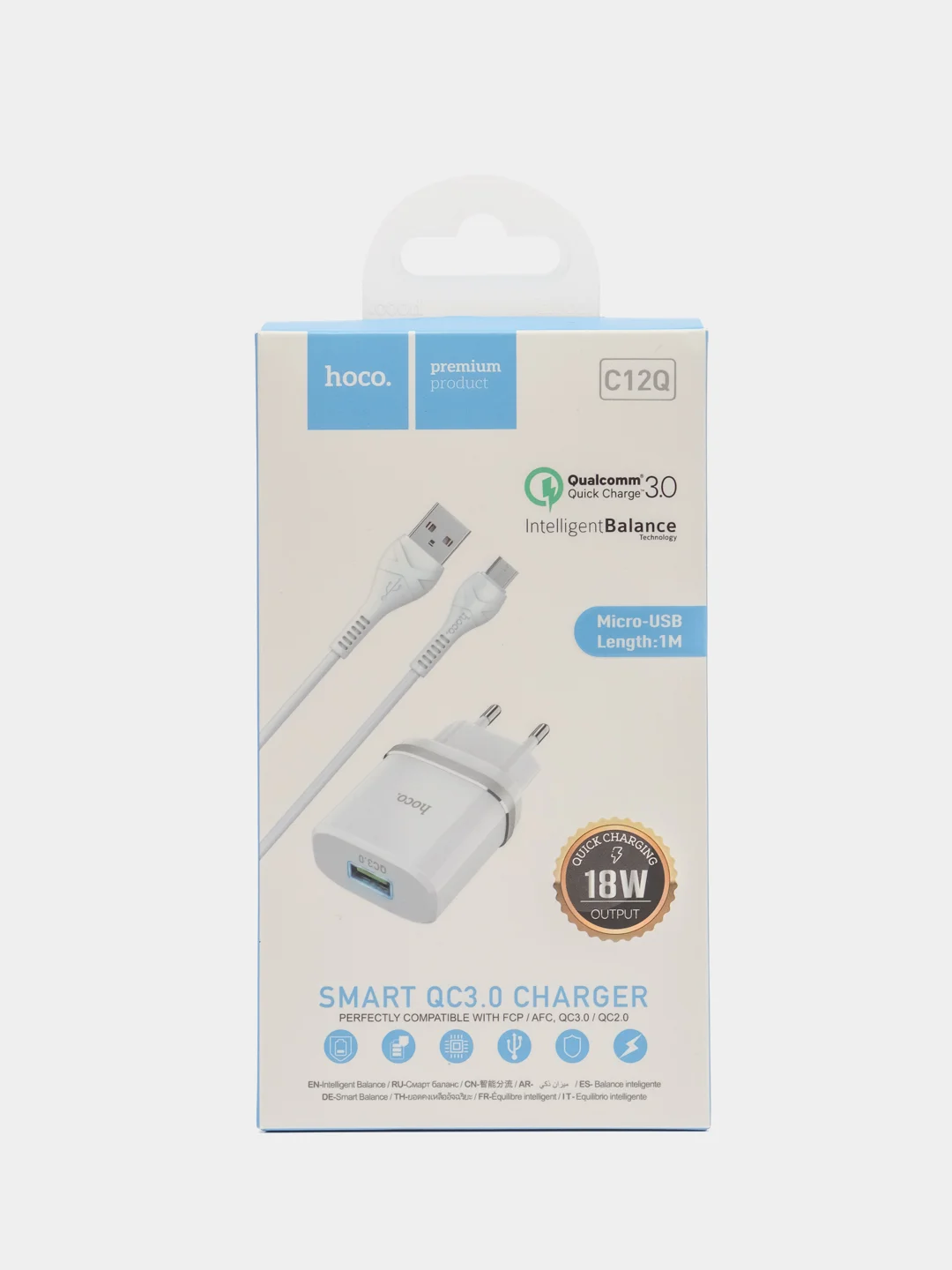 Белый сетевое зарядное устройство Hoco C12Q  + кабель micro USB Быстрая зарядка Quick Charge 3.0
