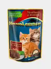 Влажный корм для котят Ночной охотник, Телятина и ягненок кусочки в желе, 24 шт по 100 г