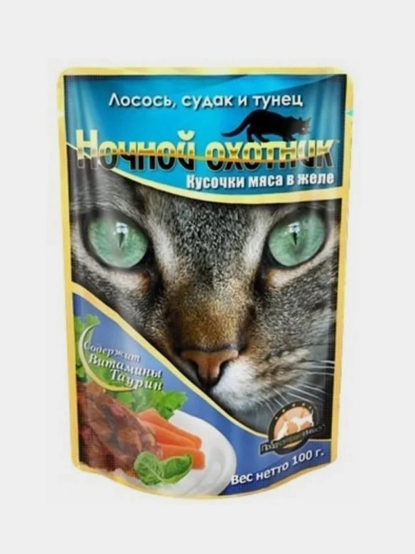 Влажный корм для кошек Ночной охотник Лосось, судак и тунец в желе, 24 х 100 г