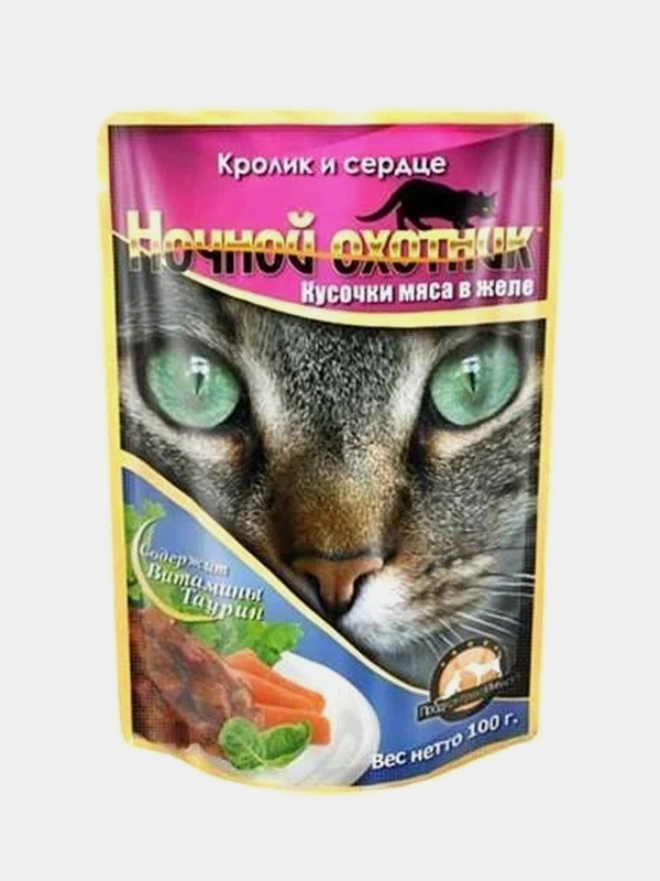 Влажный корм для кошек Ночной охотник, Кролик и сердце в желе, 24 х 100 г