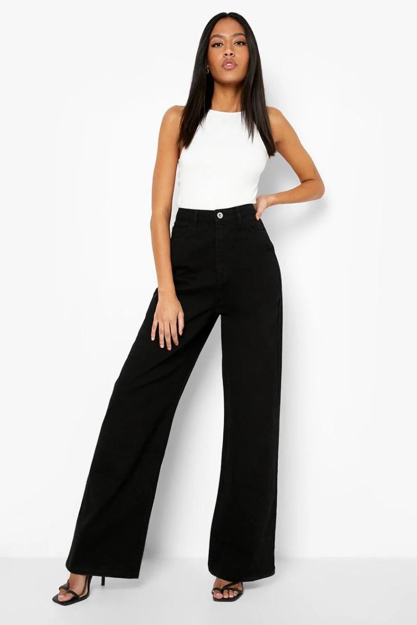 Черный женские джинсы широкие wide leg трубы палаццо