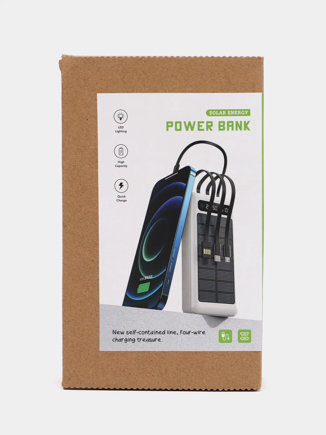 Угольный внешний аккумулятор Power bank, 50000 mAh, на солнечной батарее, со встроенными проводами