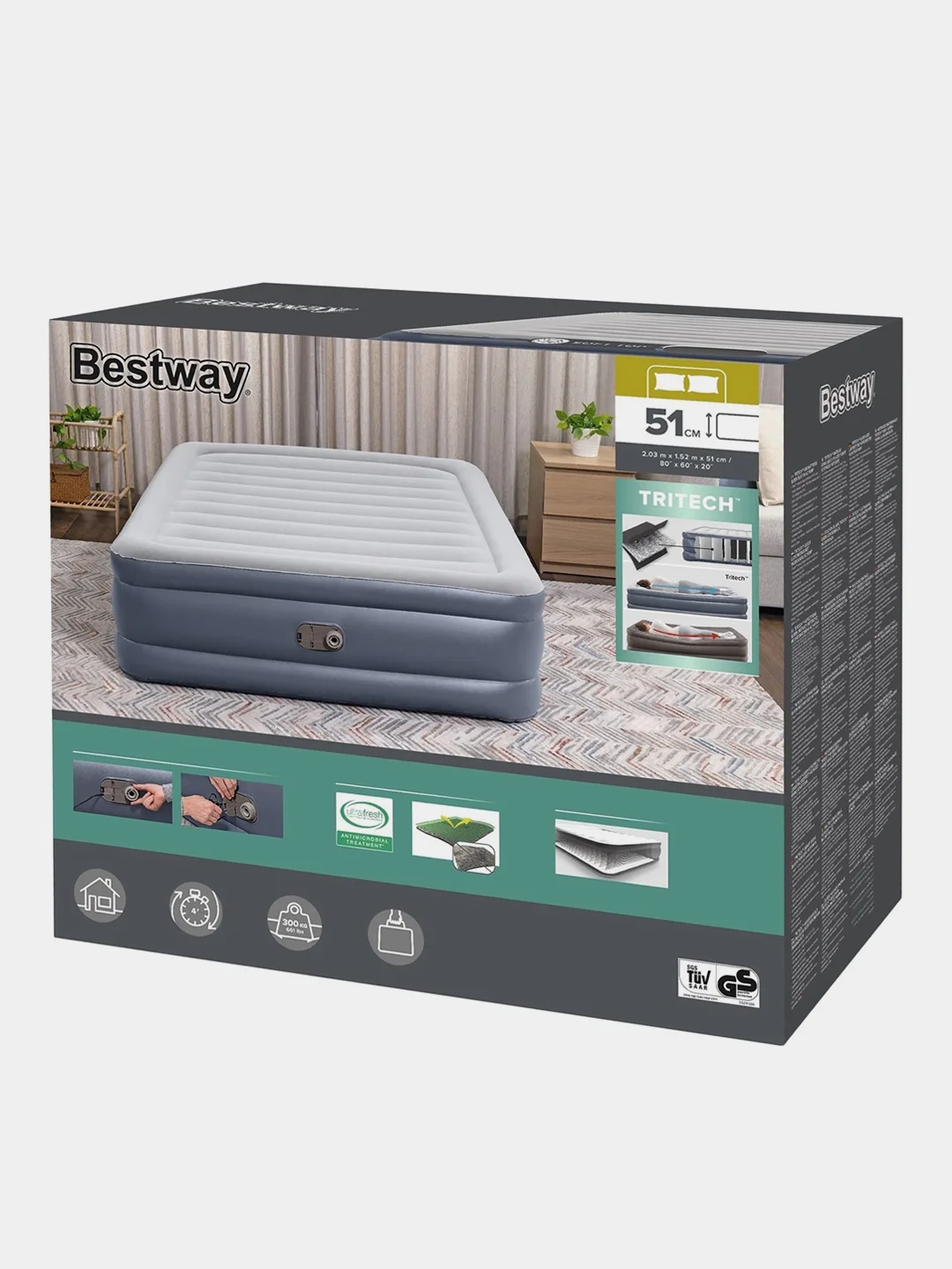 Серый надувная кровать матрас Bestway 152х203х51см "Tritech Air" + насос, до 300кг