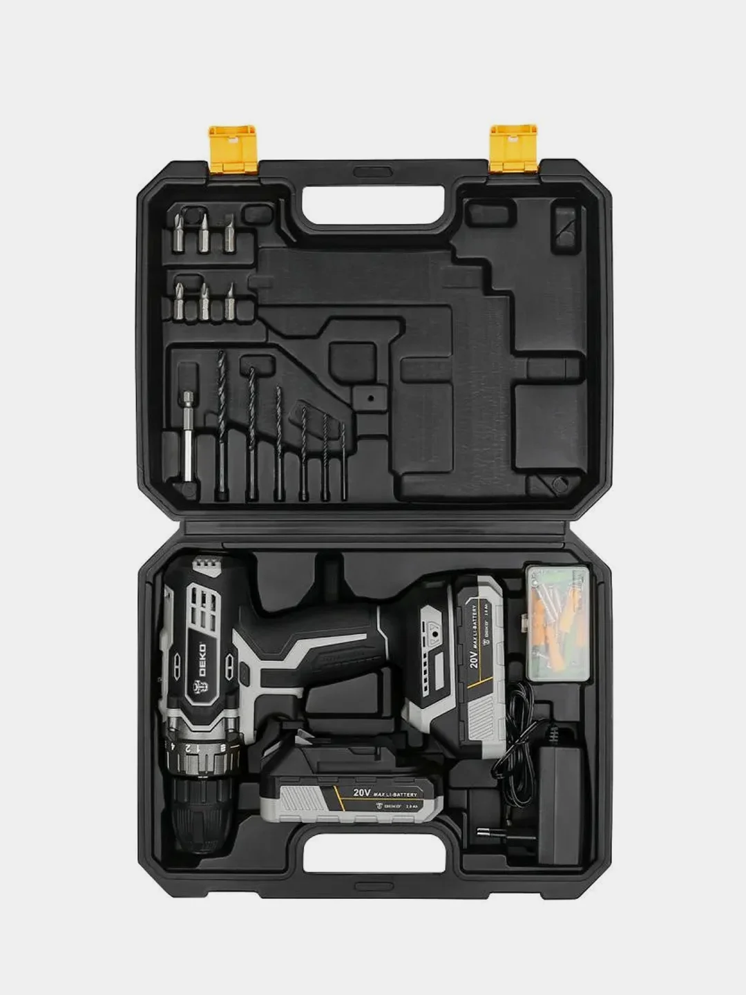 Дрель-шуруповерт аккумуляторная DEKO DKCD20 Black Edition в кейсе + набор 63 инструмента